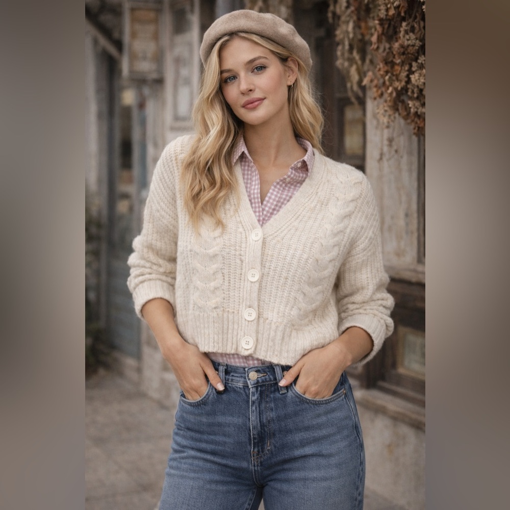 American‎ Eagle Cream Chunky Cable Knit Cardigan Women’s XS